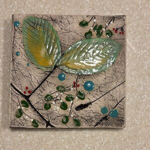 Leafy Art Tile with Green and Yellow Accents